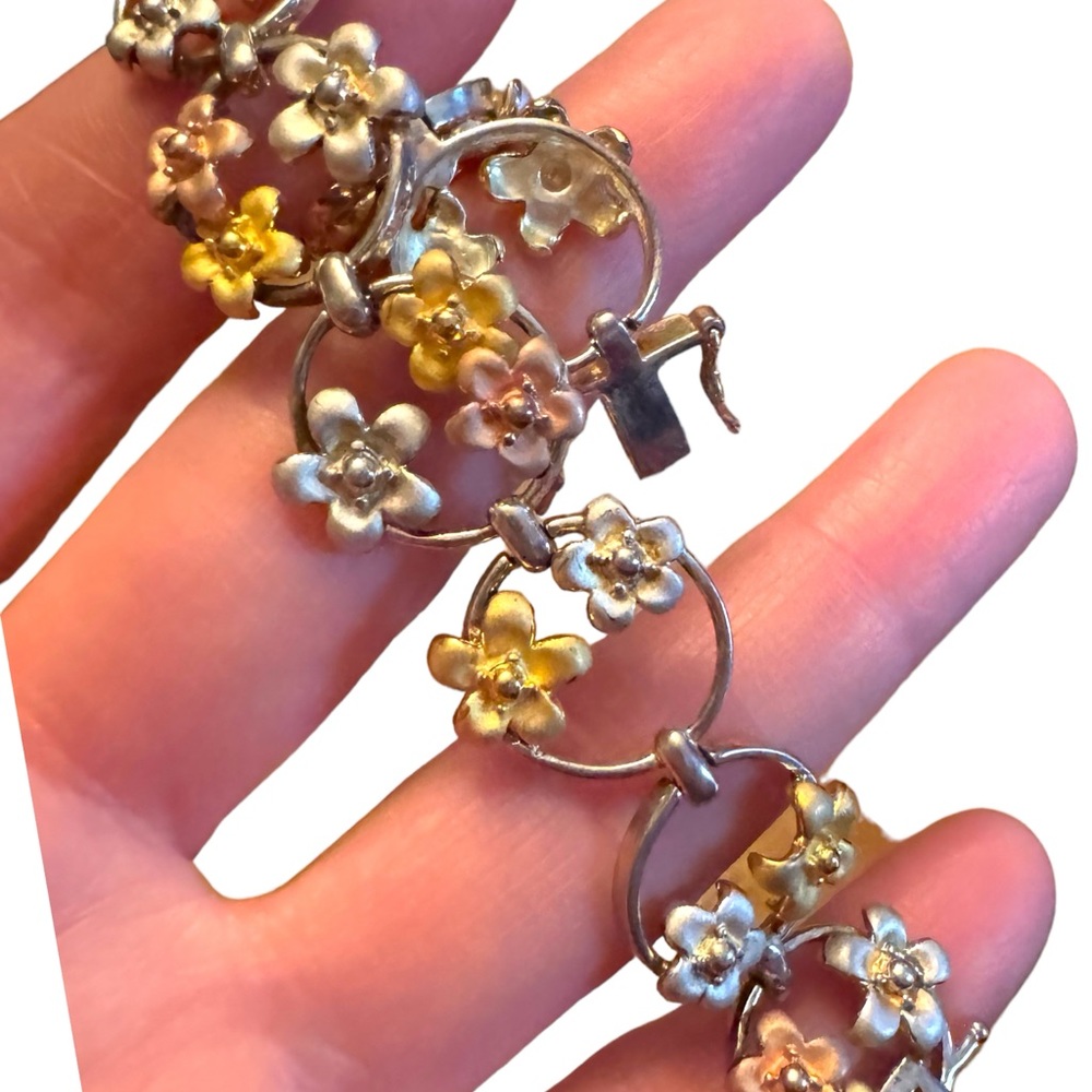 Fancy colorful tri color sterling silver 925 flower link bracelet
